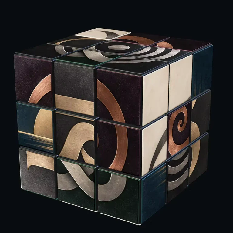 The perspective cube, with six abstract artworks waiting to align.